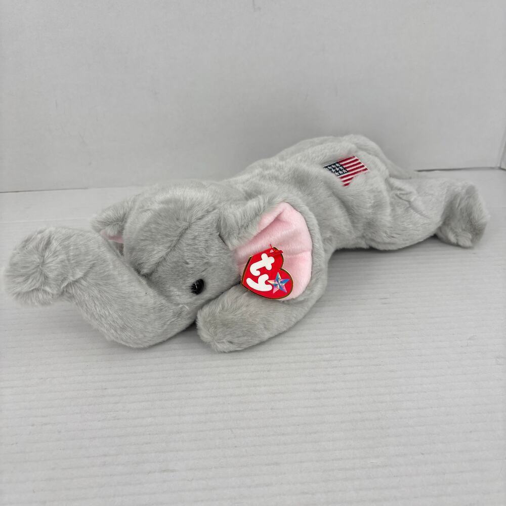 Ty‎ Beanie Buddies Righty Gray Elephant Plush American Flag Vintage 2000 14 Inch - Picture 2 of 11